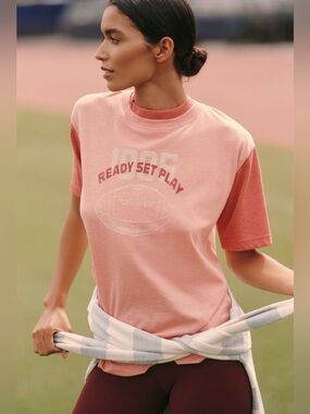 Anthropologie NWT Daily Practice Runner Cotton Blend Graphic Tee Top Pink Sz L